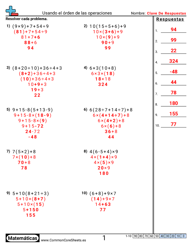 Ejercicios  de orden de operaciones - Resolver usando el orden de las operaciones worksheet