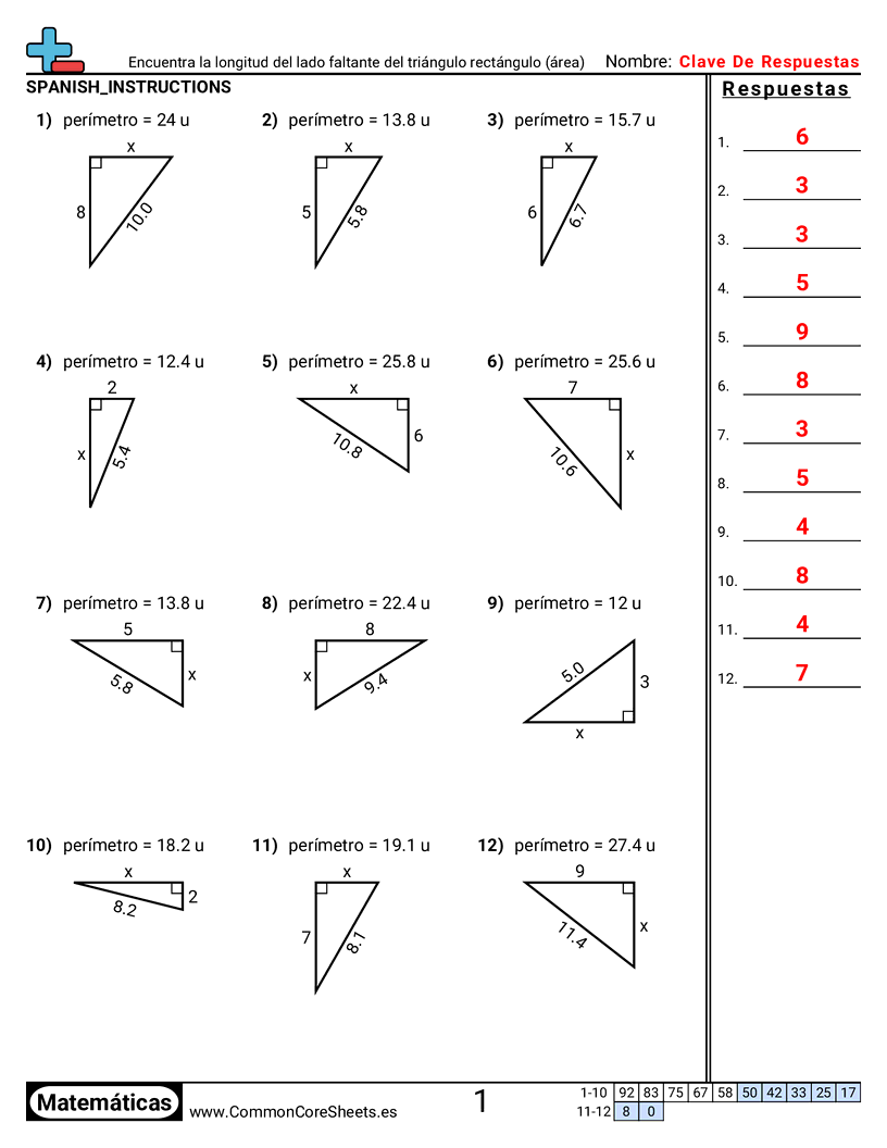 Ejercicios  área y perímetro - Encontrar el lado faltante de un triángulo rectángulo (área) worksheet