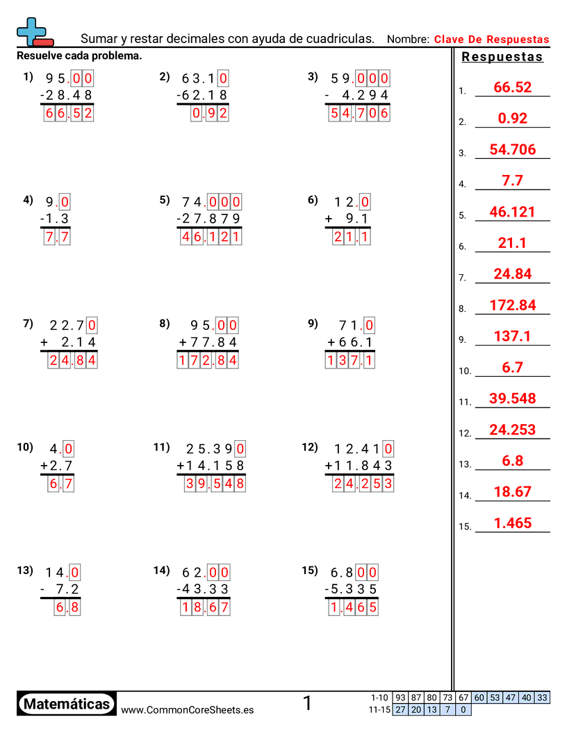 Ejercicios  de decimales  - Sumar y restar decimales con cuadrícula de ayuda worksheet