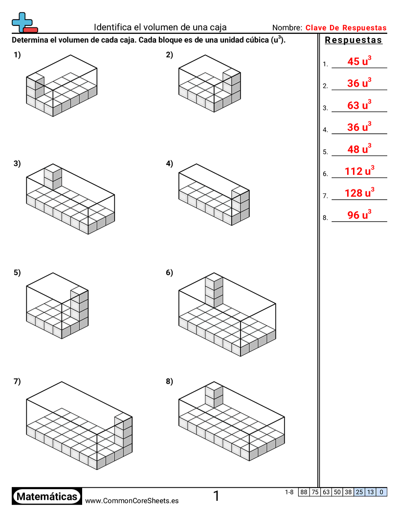 Ejercicios  de volúmenes - Identificar el volumen de una caja worksheet