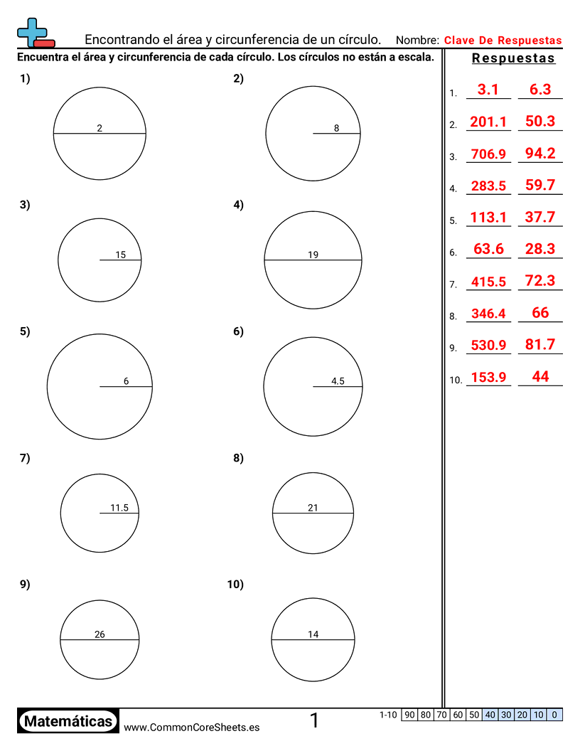 Ejercicios  área y perímetro - Área y circunferencia del círculo worksheet