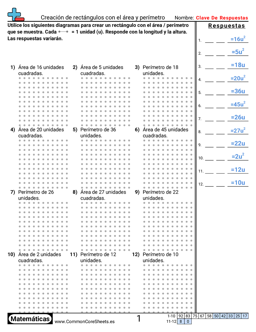 Ejercicios  área y perímetro - Crear rectángulos de área y perímetro worksheet