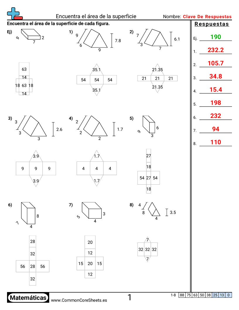 Ejercicios  área y perímetro - Encontrar el área de superficie worksheet