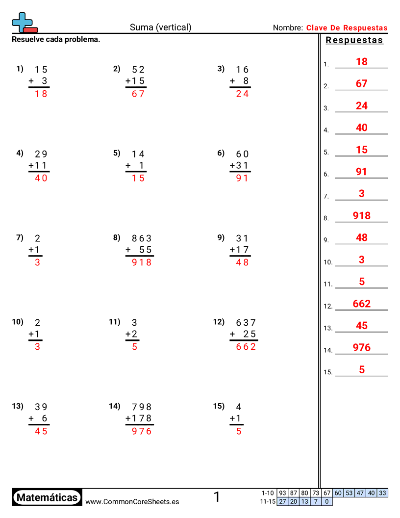 Ejercicios de sumas - Suma (vertical) worksheet