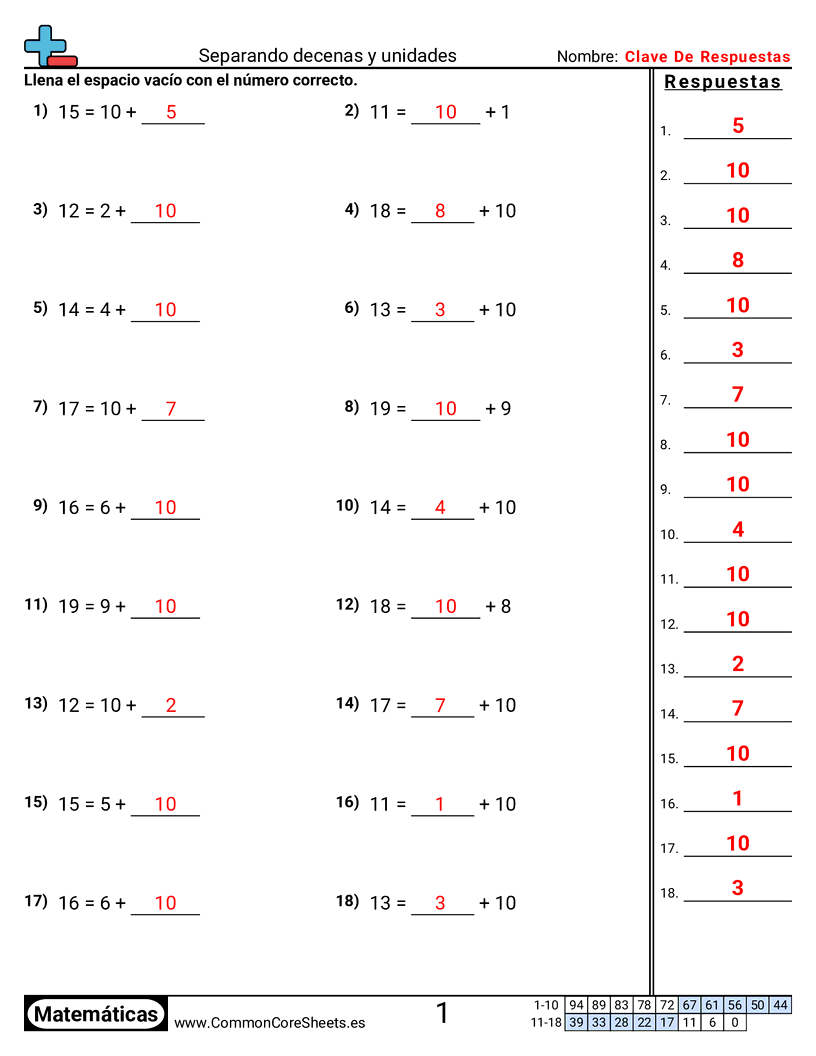 Ejercicios de sumas - Descomponer decenas y unidades worksheet