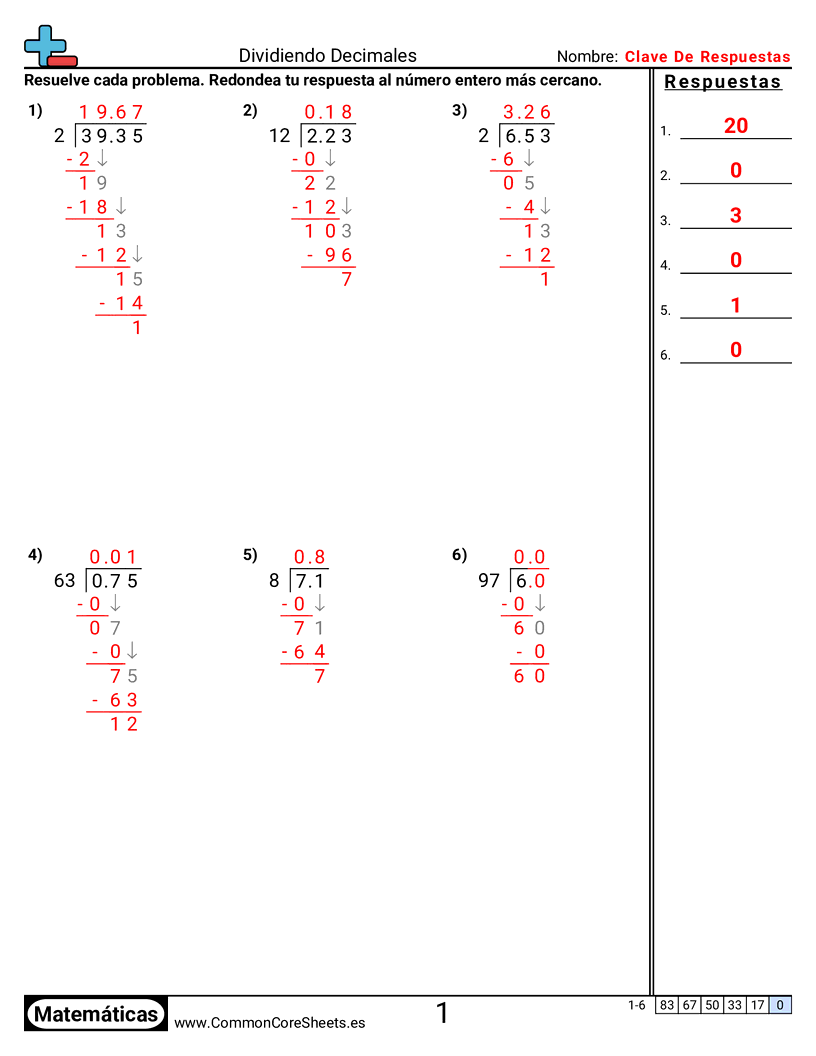 Ejercicios  de decimales  - Dividir: decimales en el dividendo y el divisor worksheet