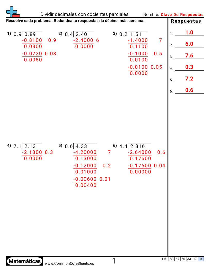Ejercicios  de decimales  - Dividir decimales con cocientes parciales worksheet