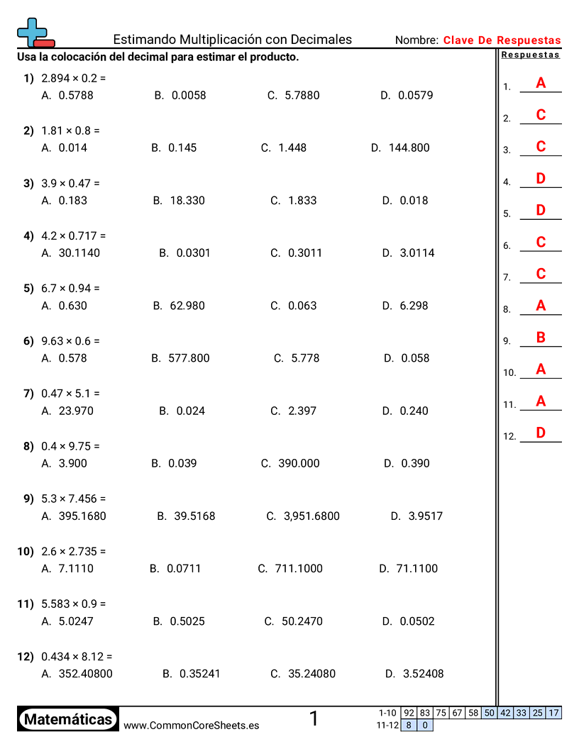 Ejercicios  de decimales  - Estimar multiplicación con decimales worksheet