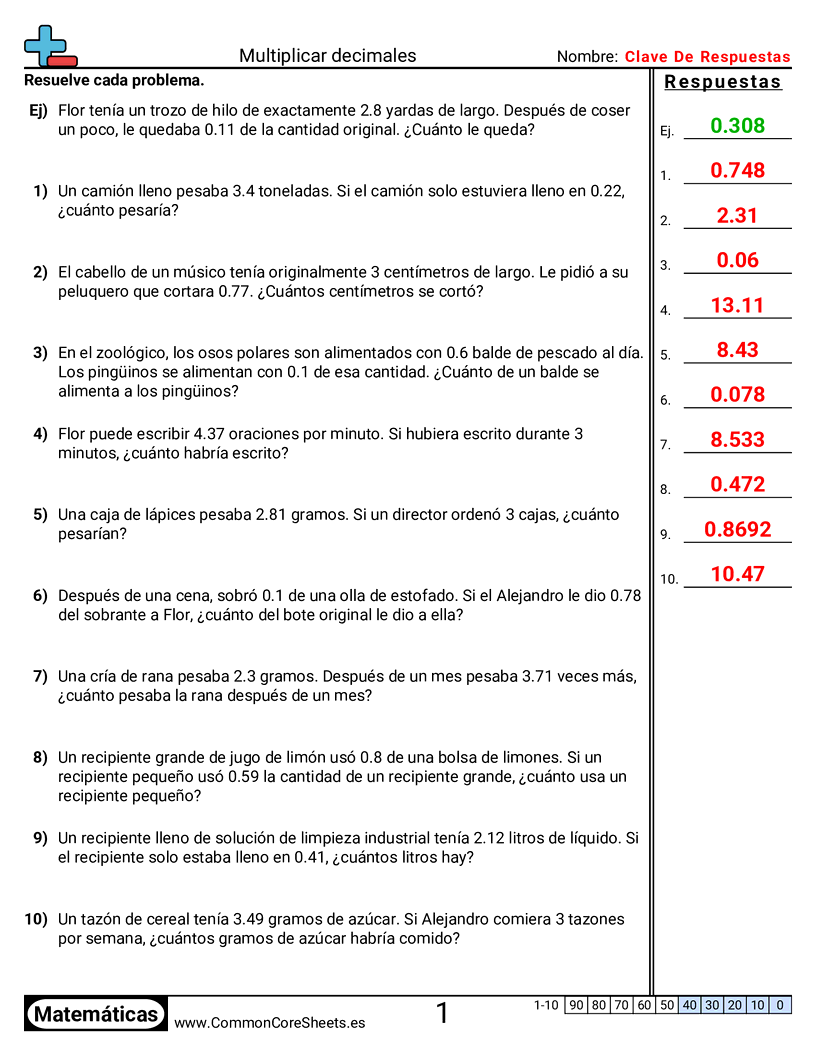 Ejercicios  de decimales  - Multiplicar decimales (problemas de palabras) worksheet