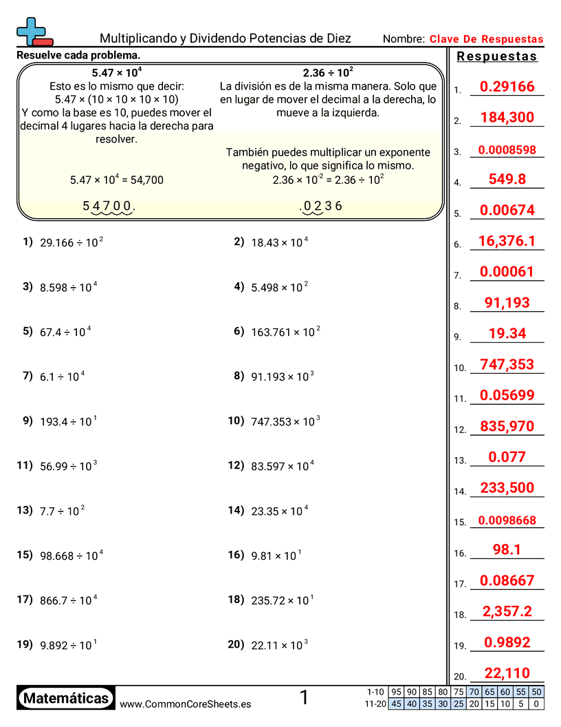 Ejercicios  de decimales  - Multiplicar y dividir potencias de diez worksheet