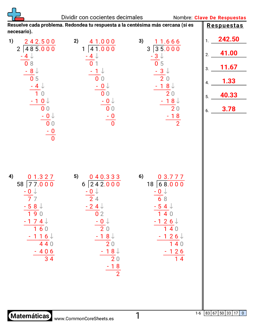 Ejercicios  de decimales  - Dividir con cocientes decimales worksheet