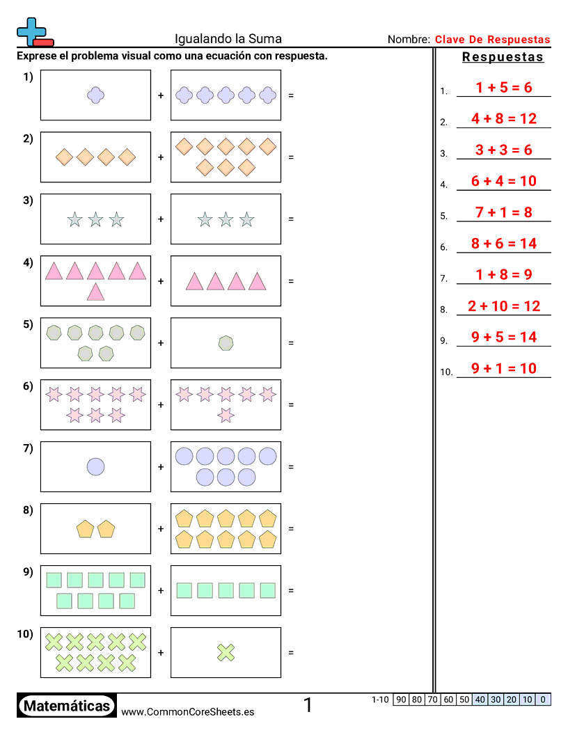 Ejercicios de sumas - Emparejar sumas worksheet