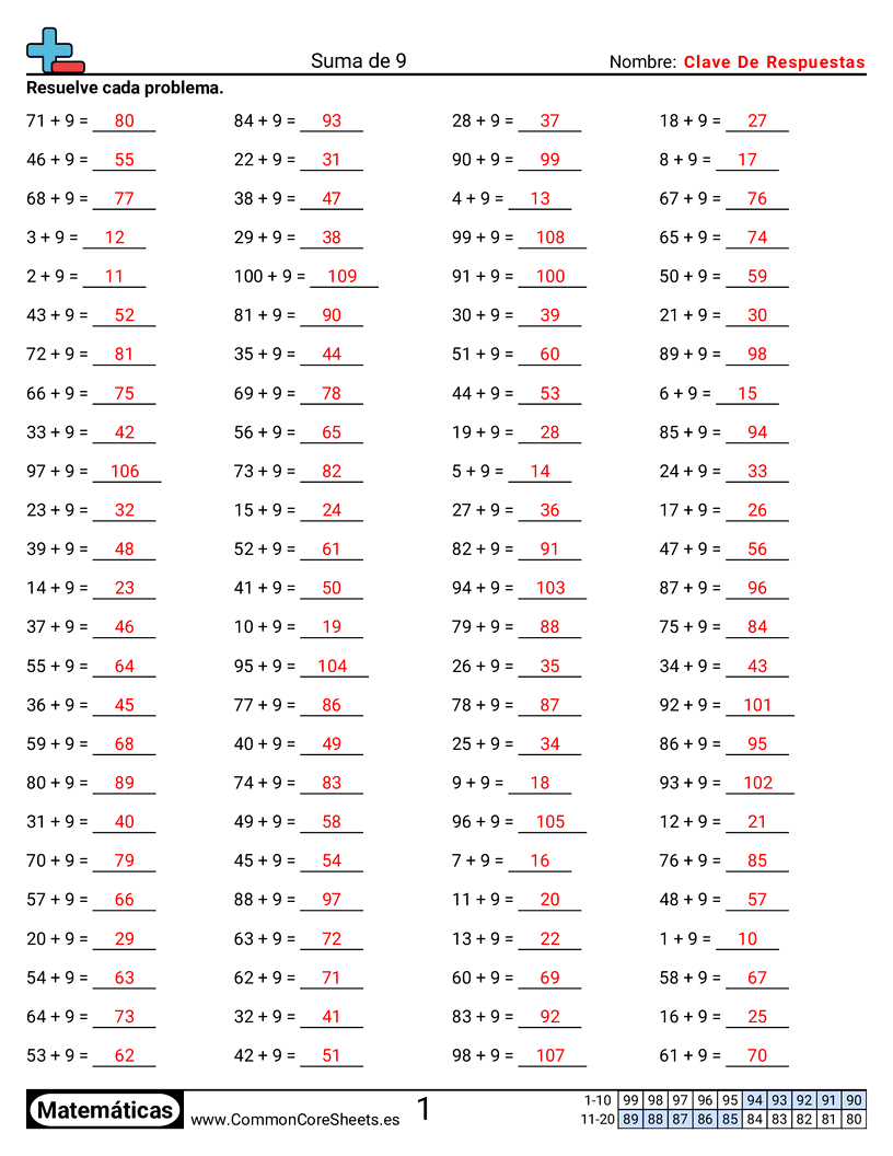Ejercicios de sumas - Sumar de 9 worksheet
