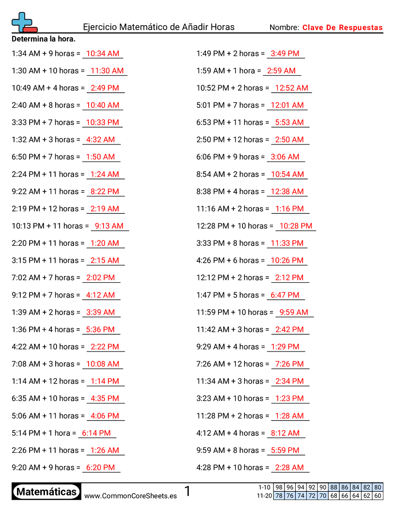 Ejercicios  de ejercicios de matemáticas - Sumar horas worksheet