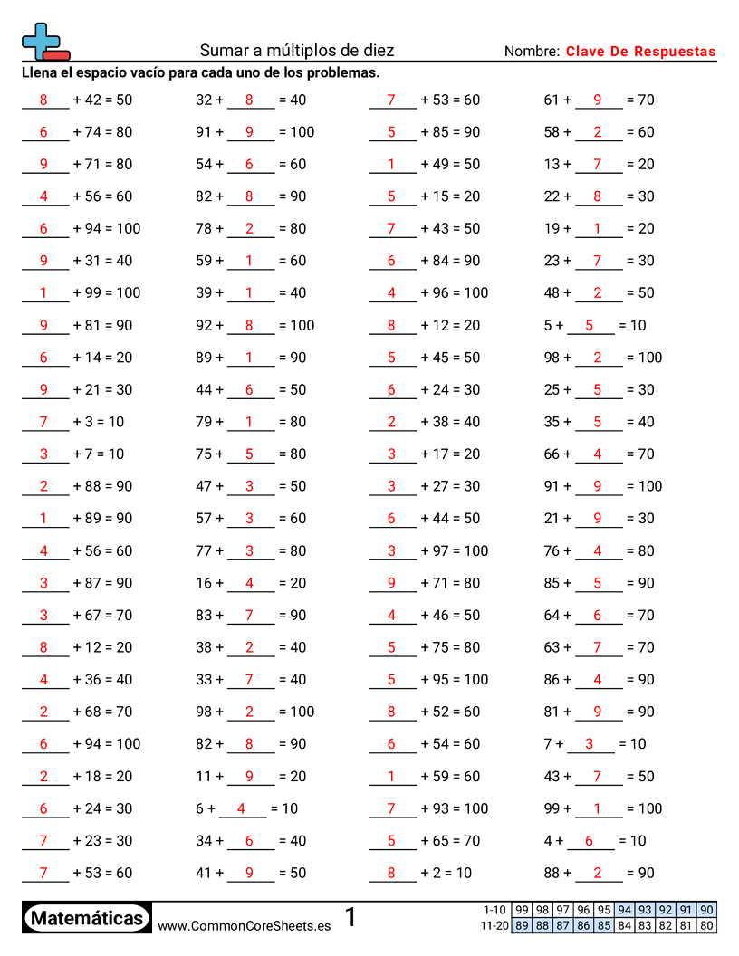 Ejercicios de sumas - Sumar a múltiplos de diez worksheet