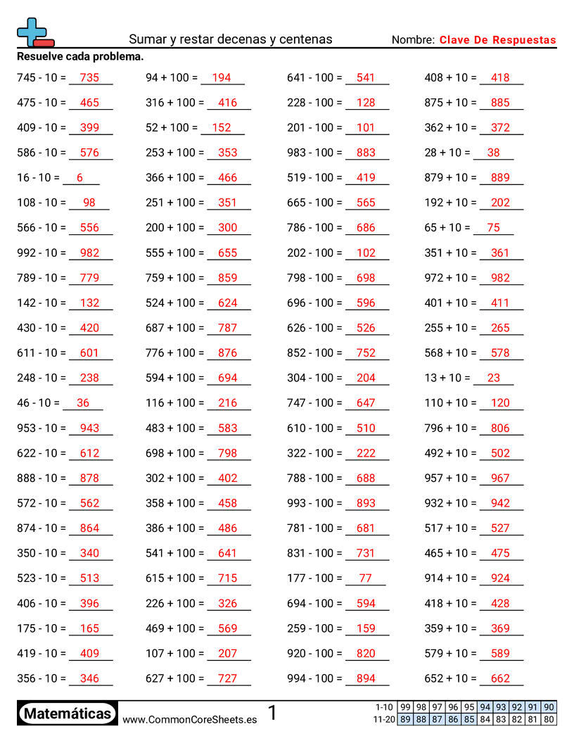 Ejercicios de sumas - Sumar y restar decenas y centenas worksheet