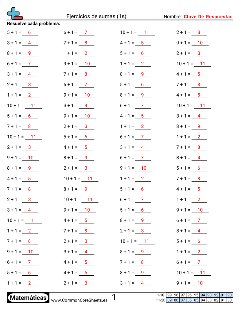 Ejercicios de sumas - 1 (tablas) (horizontal) worksheet