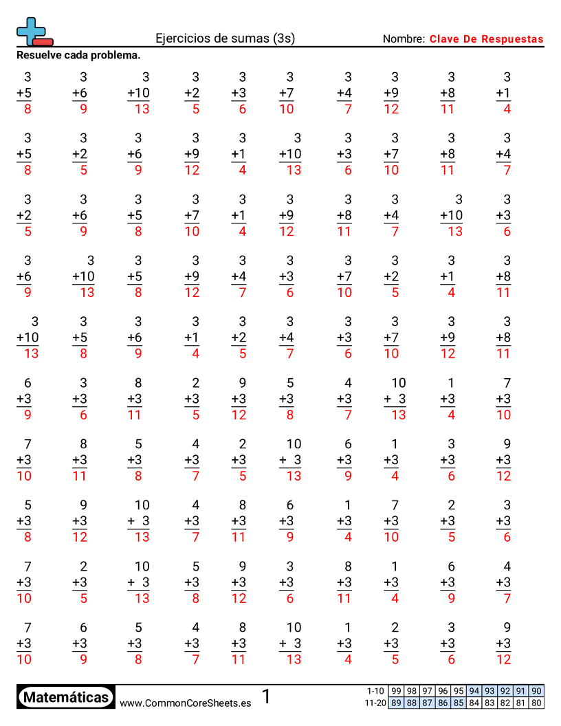 Ejercicios de sumas - 3 (tablas) worksheet