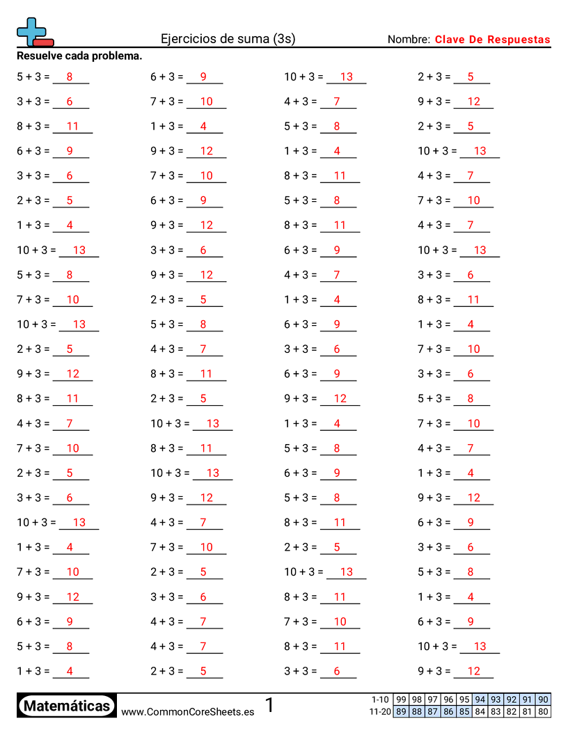Ejercicios de sumas - 3 (tablas) (horizontal) worksheet