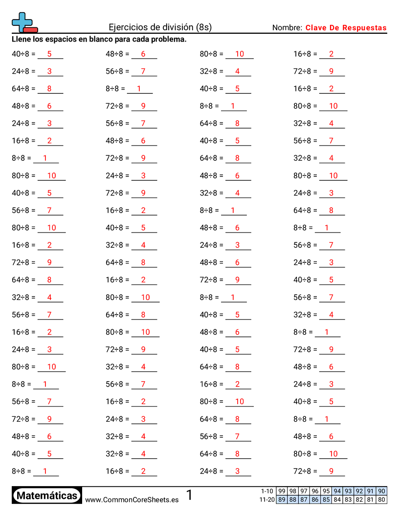 Ejercicios  de ejercicios de matemáticas - 8 (tablas) worksheet