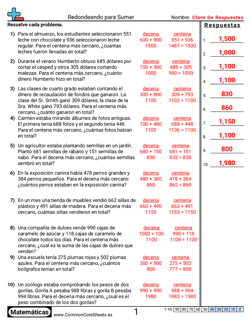 Ejercicios de sumas - Encontrar sumas redondeando worksheet