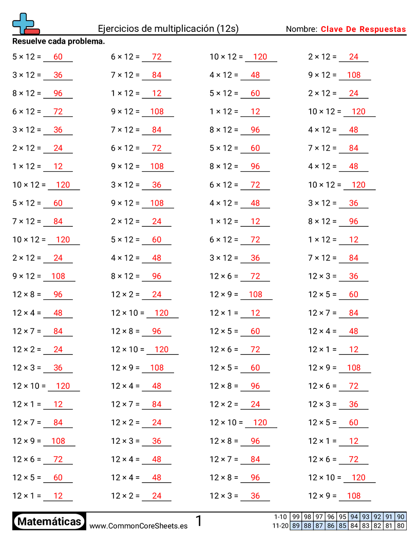 Ejercicios  de multiplicación - 12 (tablas) (horizontal) worksheet