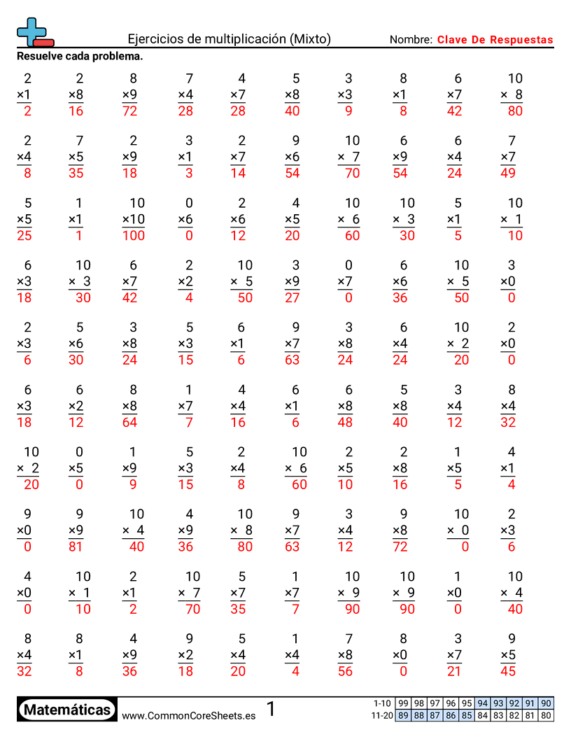 Ejercicios  de multiplicación - Mixto worksheet