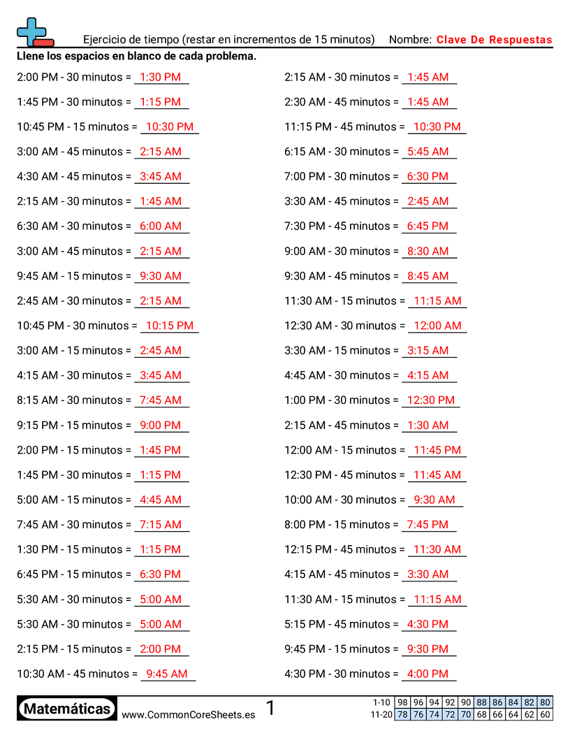 Ejercicios  de ejercicios de matemáticas - Restar minutos worksheet