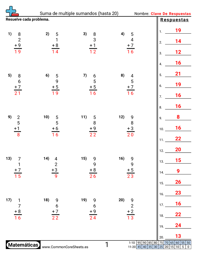Ejercicios de sumas - Sumar varios sumandos (3 sumandos menores que 20) (horizontal) worksheet