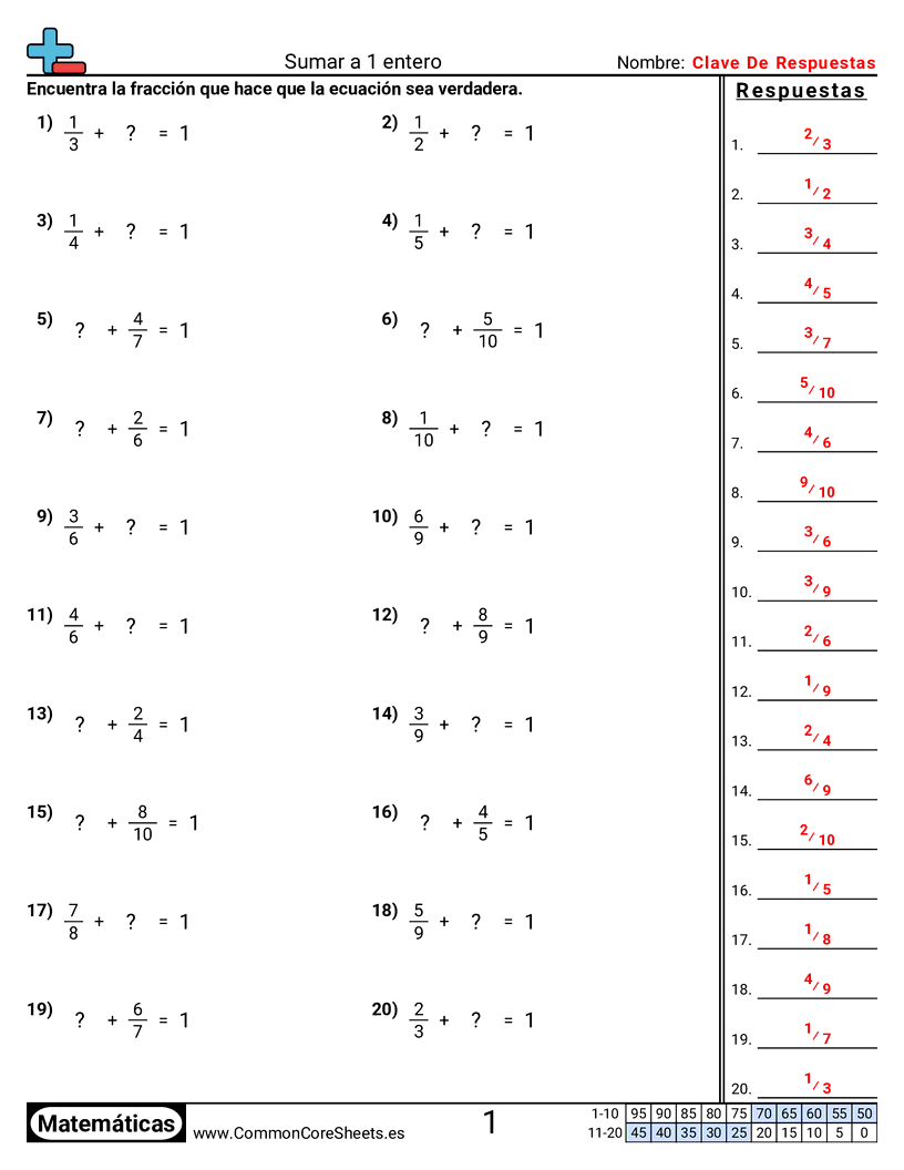 Ejercicios  de fracciones - Sumar hasta 1 entero worksheet