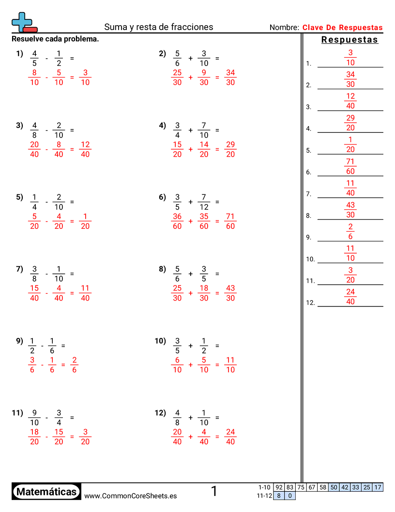 Ejercicios  de fracciones - Sumar y restar fracciones (distinto denominador) worksheet