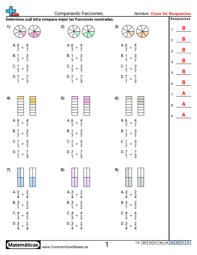 Ejercicios  de fracciones - Comparar fracciones worksheet