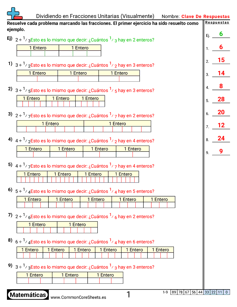 Ejercicios  de fracciones - Dividir entre fracciones unitarias (visual) worksheet