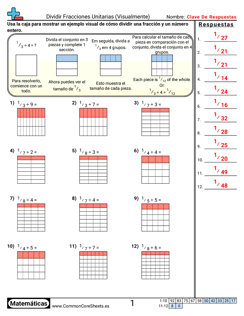 Ejercicios  de fracciones - Dividir fracciones unitarias (visual) worksheet