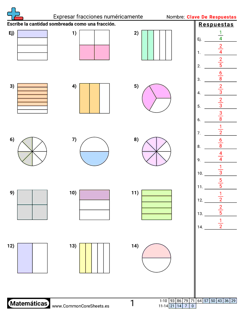 Ejercicios  de fracciones - Expresar fracciones numéricamente worksheet