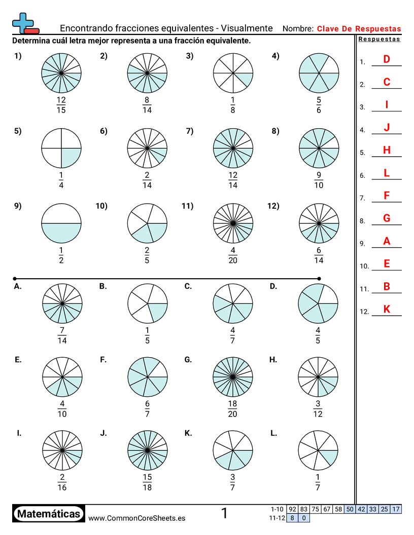 Ejercicios  de fracciones - Encontrar fracciones equivalentes (visual) worksheet