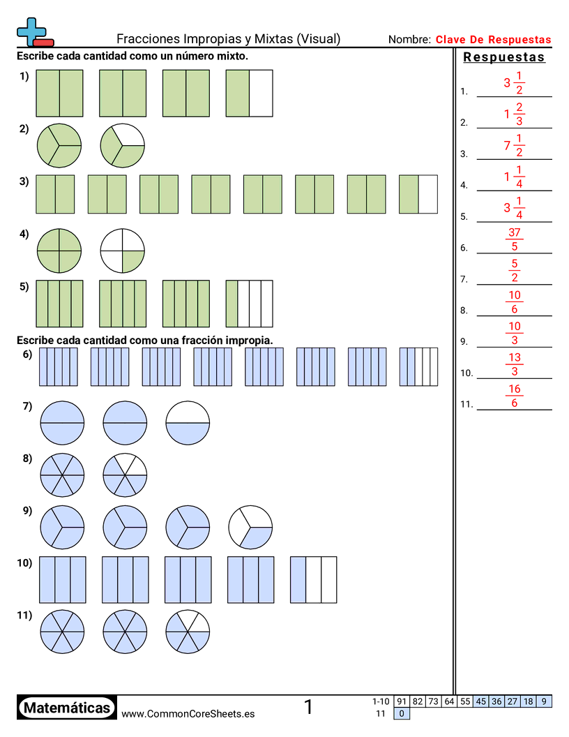Ejercicios  de fracciones - Fracciones impropias y mixtas (visual) worksheet
