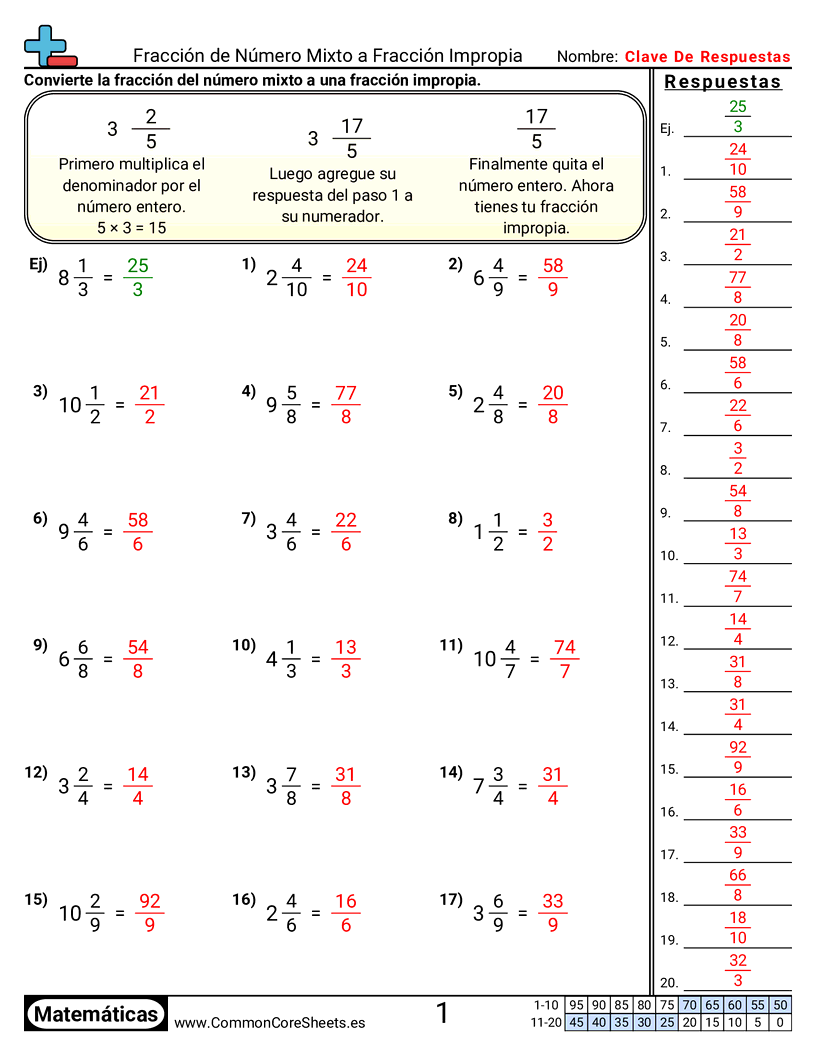 Ejercicios  de fracciones - Número mixto a impropia worksheet