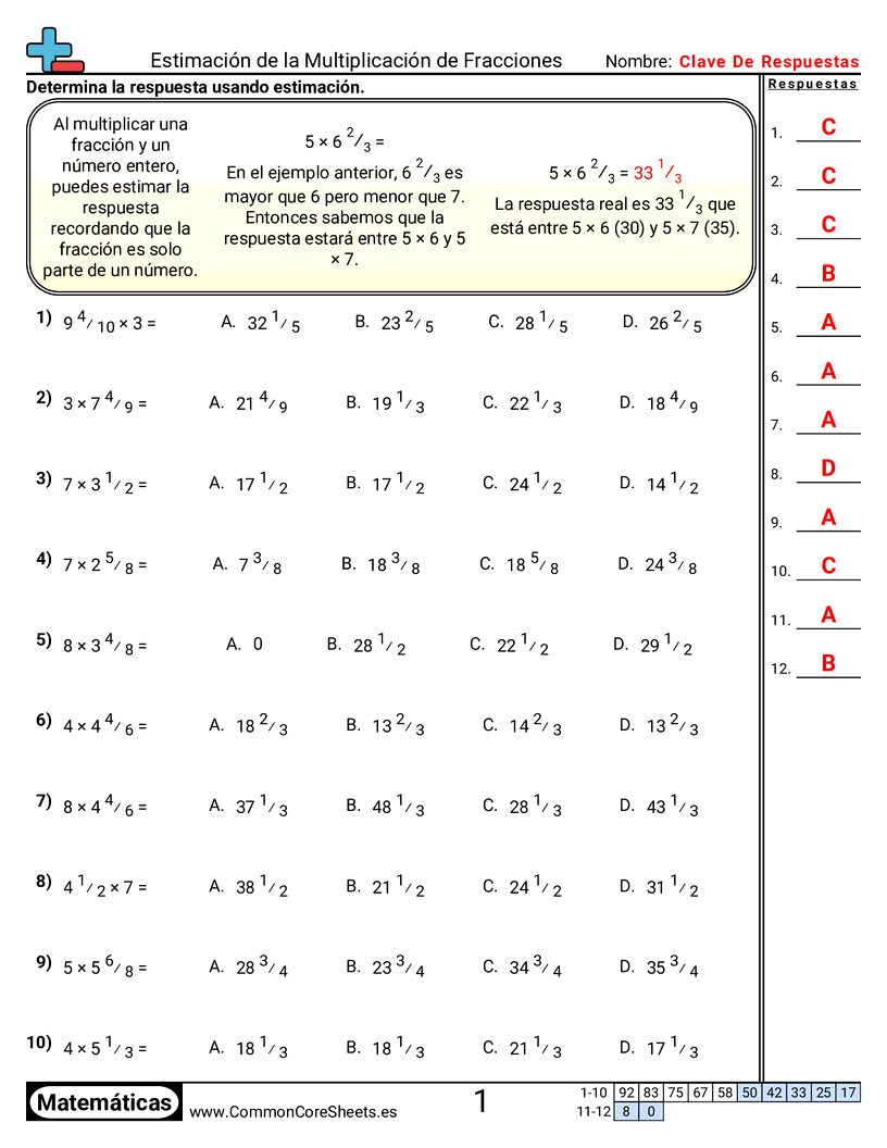Ejercicios  de fracciones - Estimar la multiplicación de fracciones worksheet