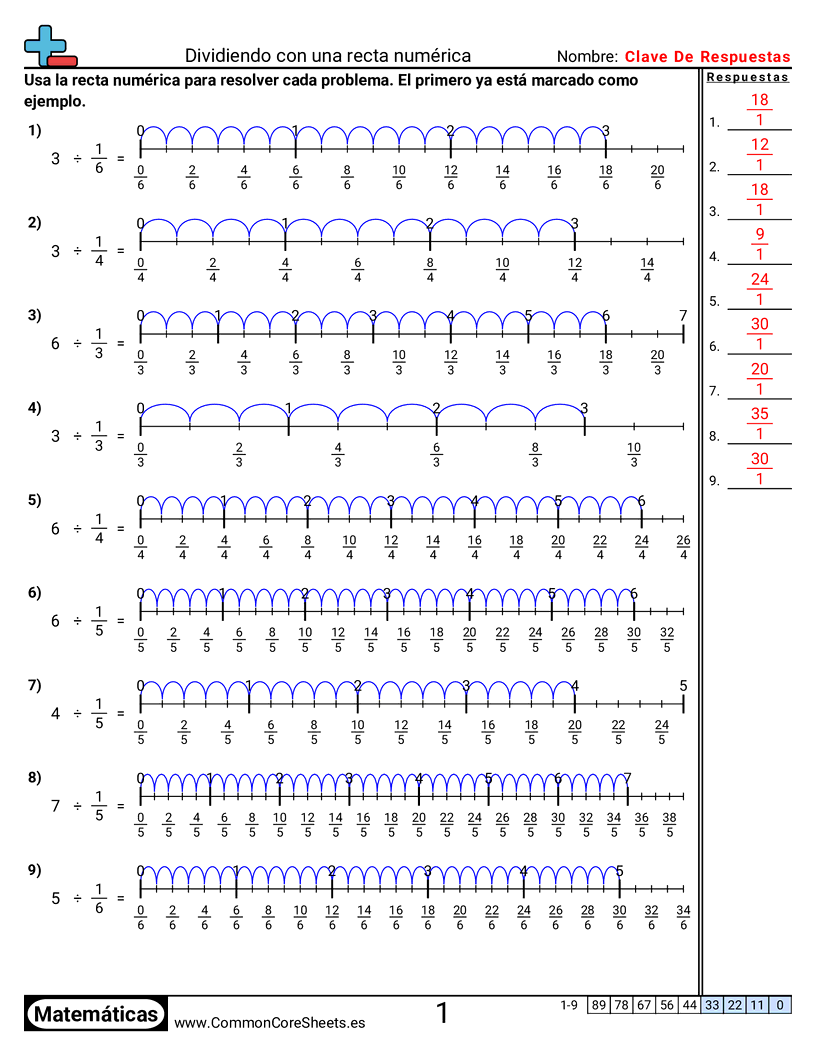 Ejercicios  de fracciones - Recta numérica: entero por fracción unitaria worksheet