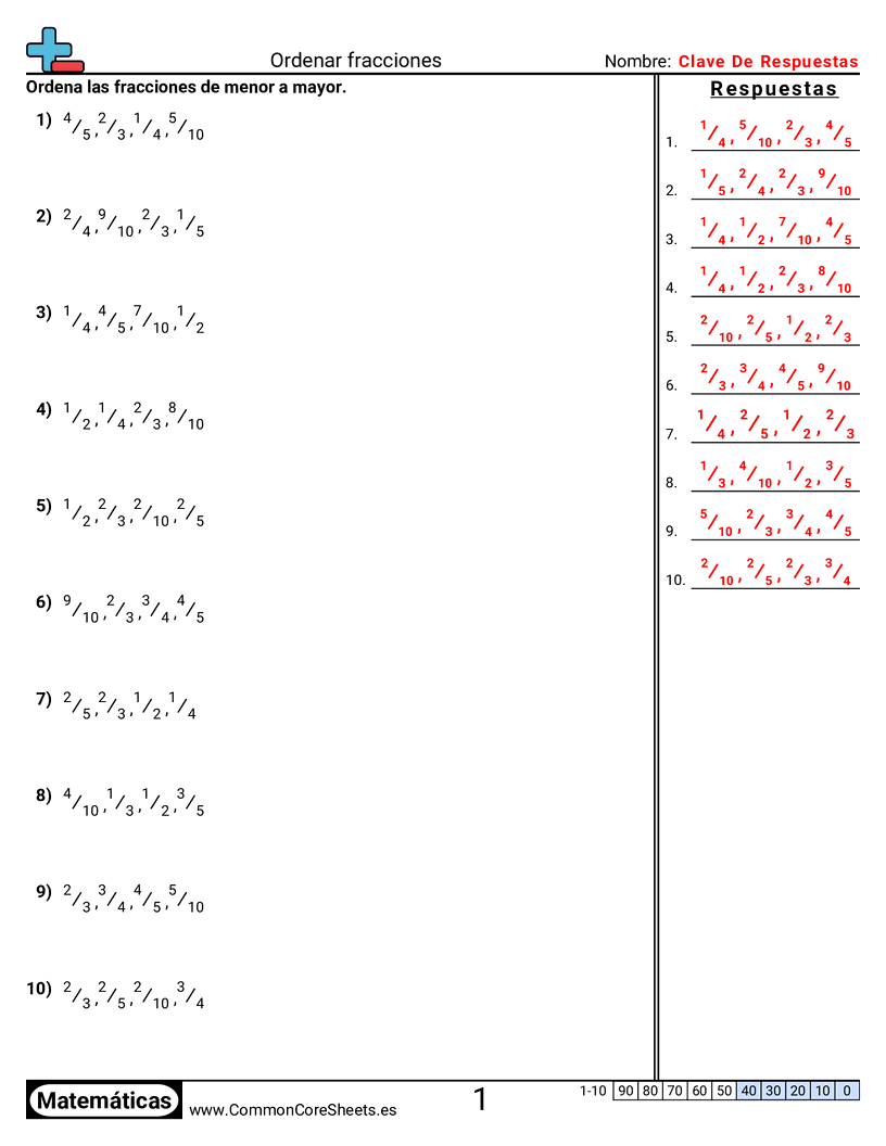 Ejercicios  de fracciones - Ordenar fracciones worksheet