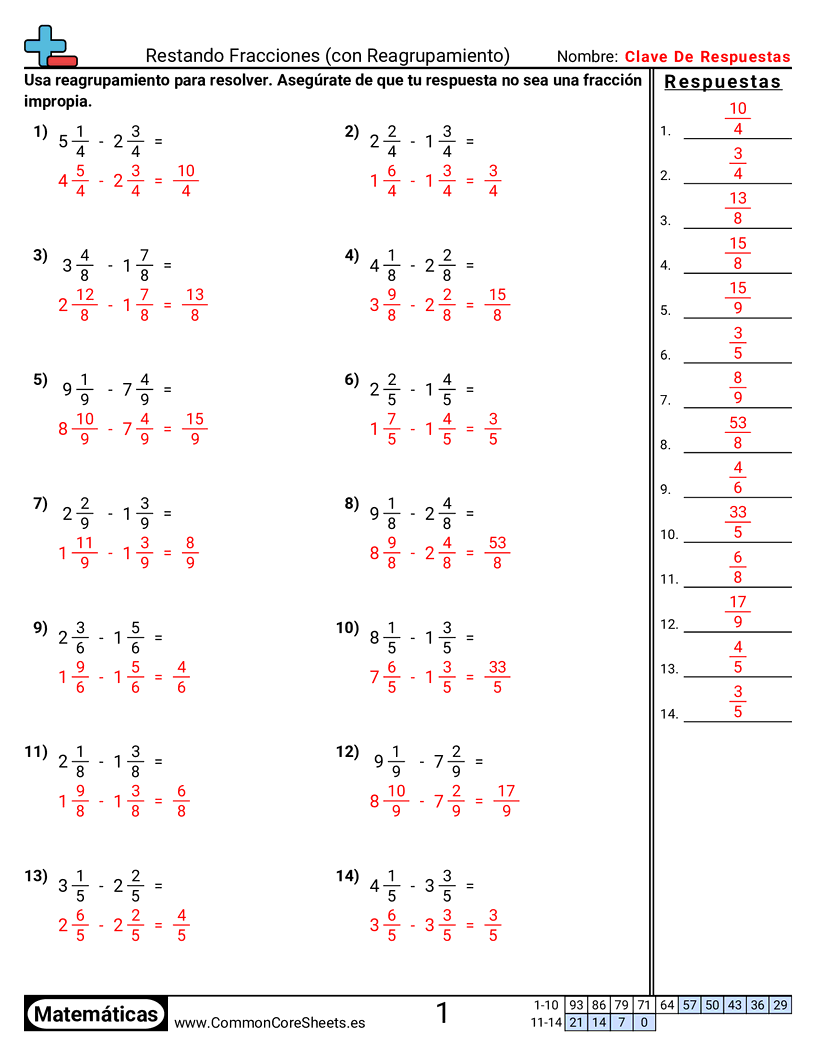 Ejercicios  de fracciones - Restar fracciones (con reagrupación) worksheet