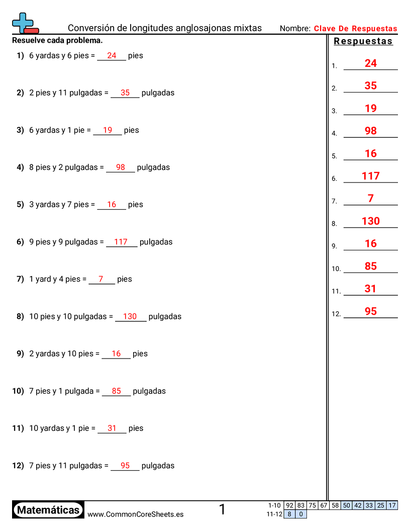 Ejercicios  de medición - Convertir longitudes estadounidenses mixtas worksheet