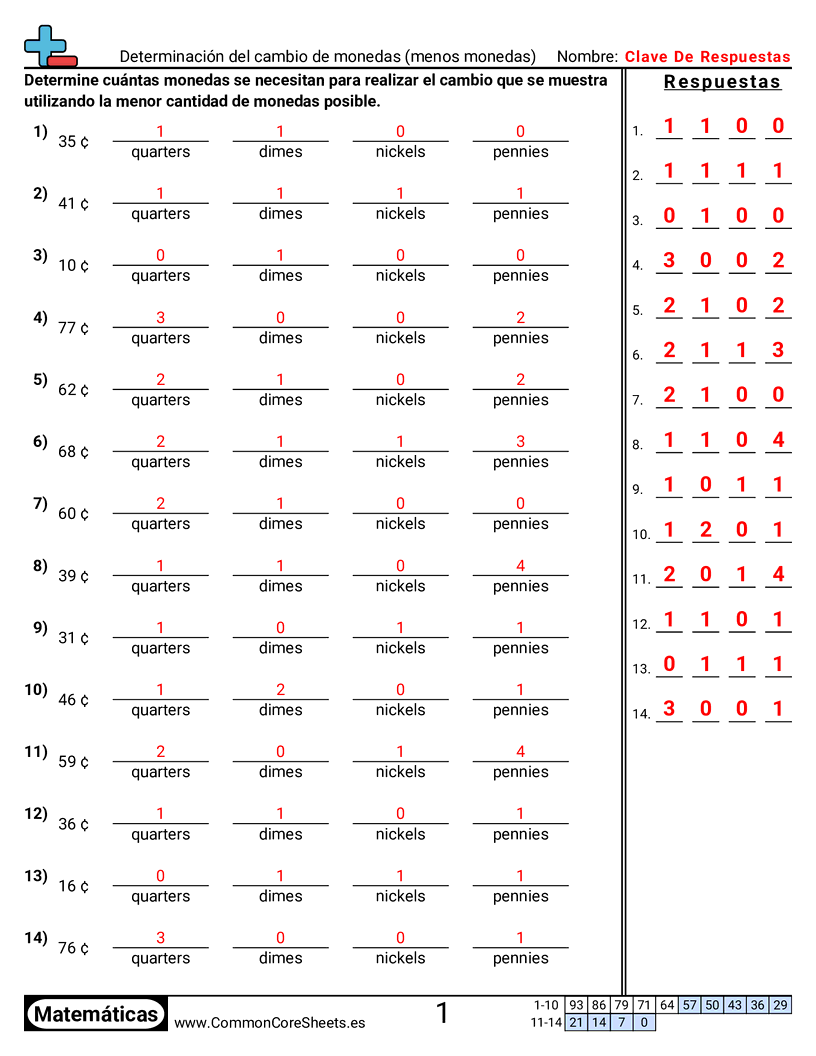 Ejercicios  de dinero  - Determinar el cambio en monedas (menor cantidad de monedas) worksheet