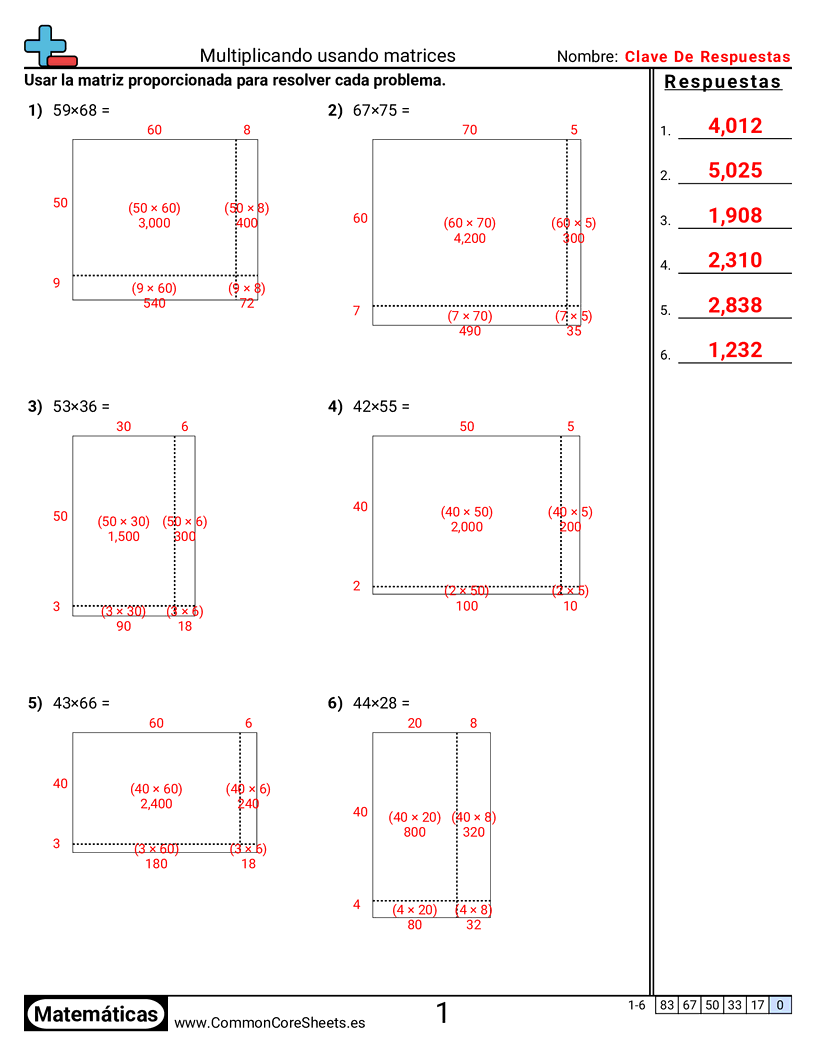 Ejercicios  de multiplicación - Multiplicar usando arreglos worksheet
