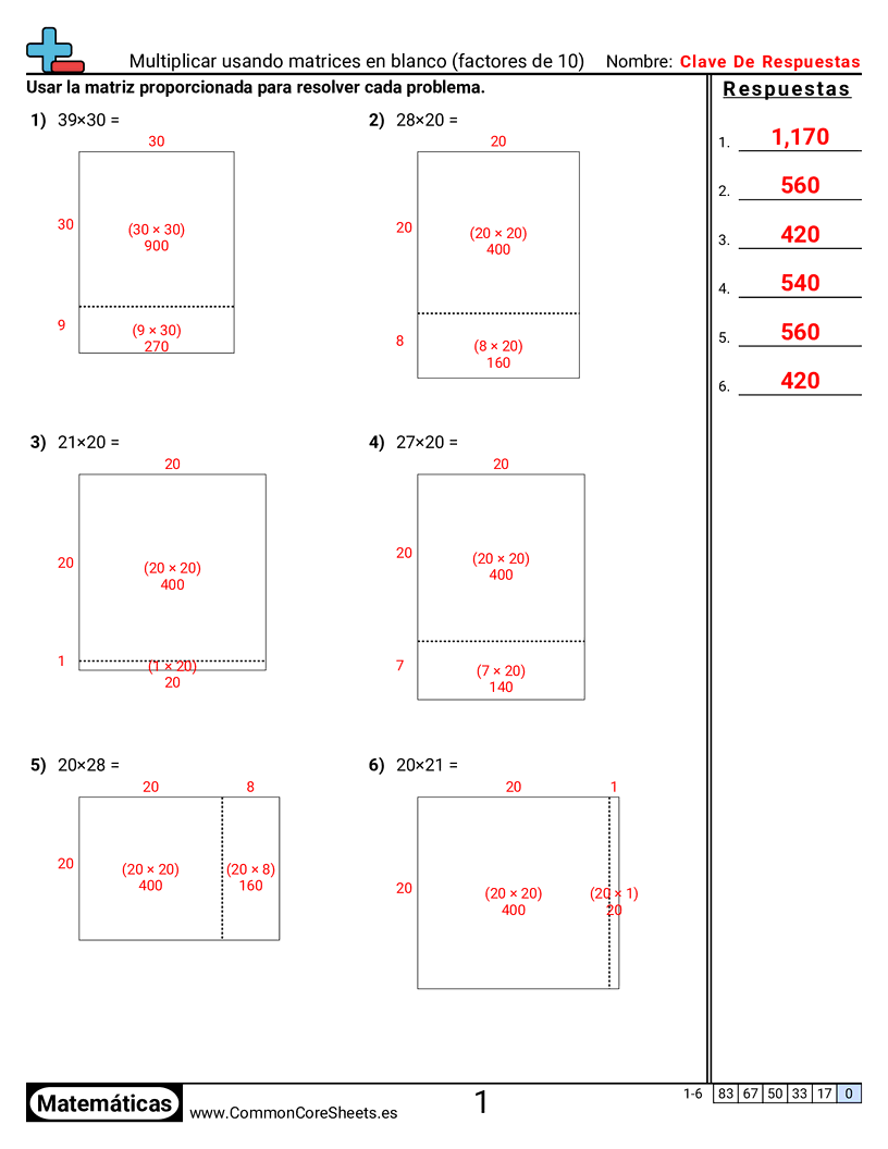 Ejercicios  de multiplicación - Multiplicar usando arreglos (con factores de 10) worksheet