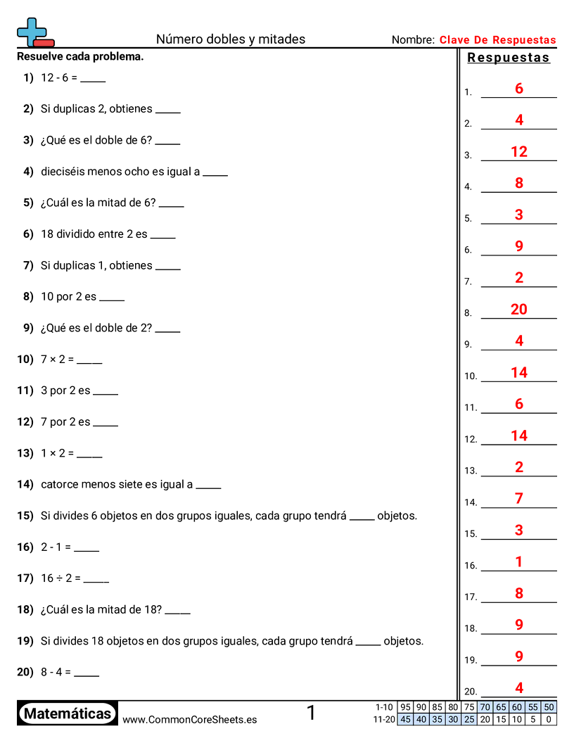 Ejercicios  de multiplicación - Números dobles y mitades worksheet