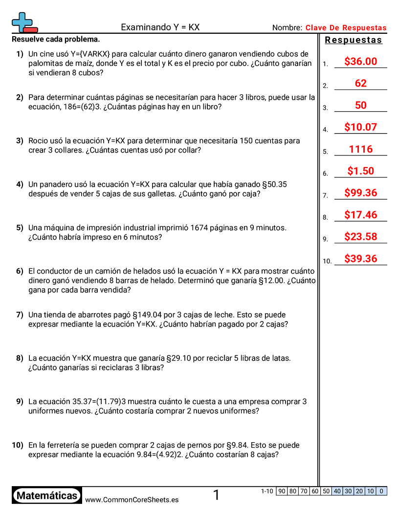 Ejercicios  de relaciones - Examinar Y = KX worksheet