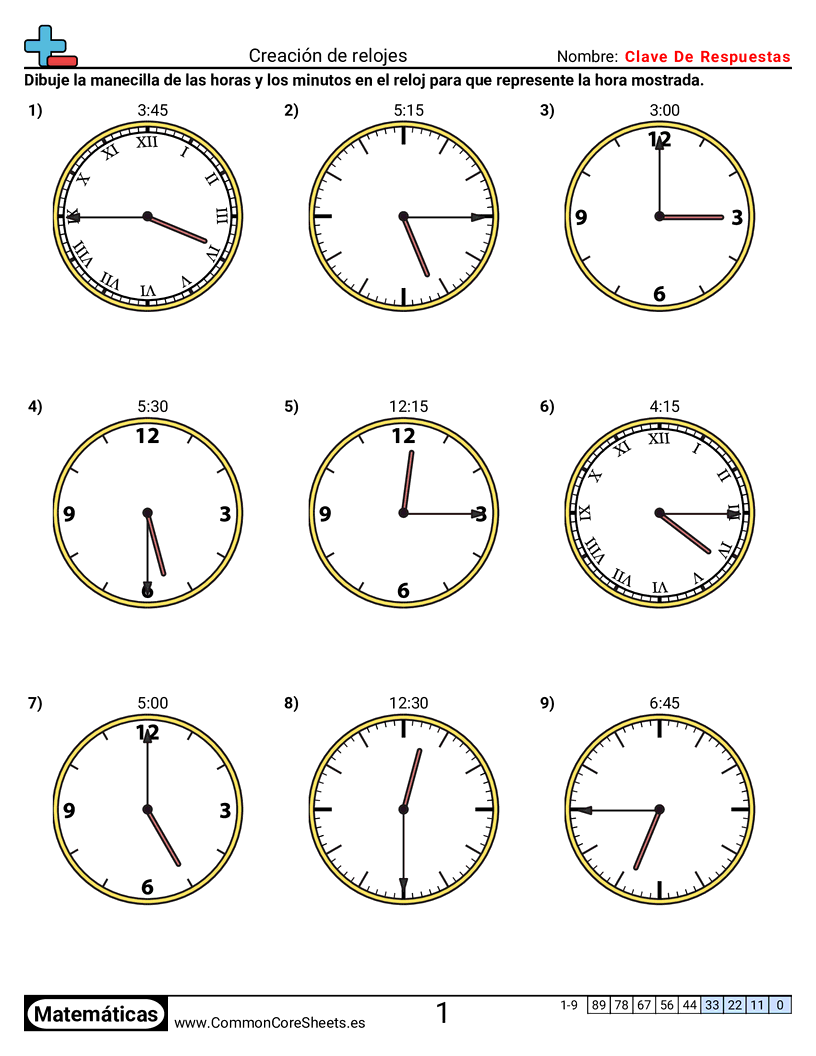 Ejercicios  de tiempo - Crear relojes (incrementos de 15 minutos) worksheet