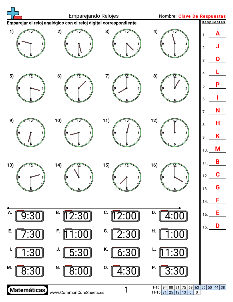 Ejercicios  de tiempo - Emparejar relojes (incrementos de media hora) worksheet
